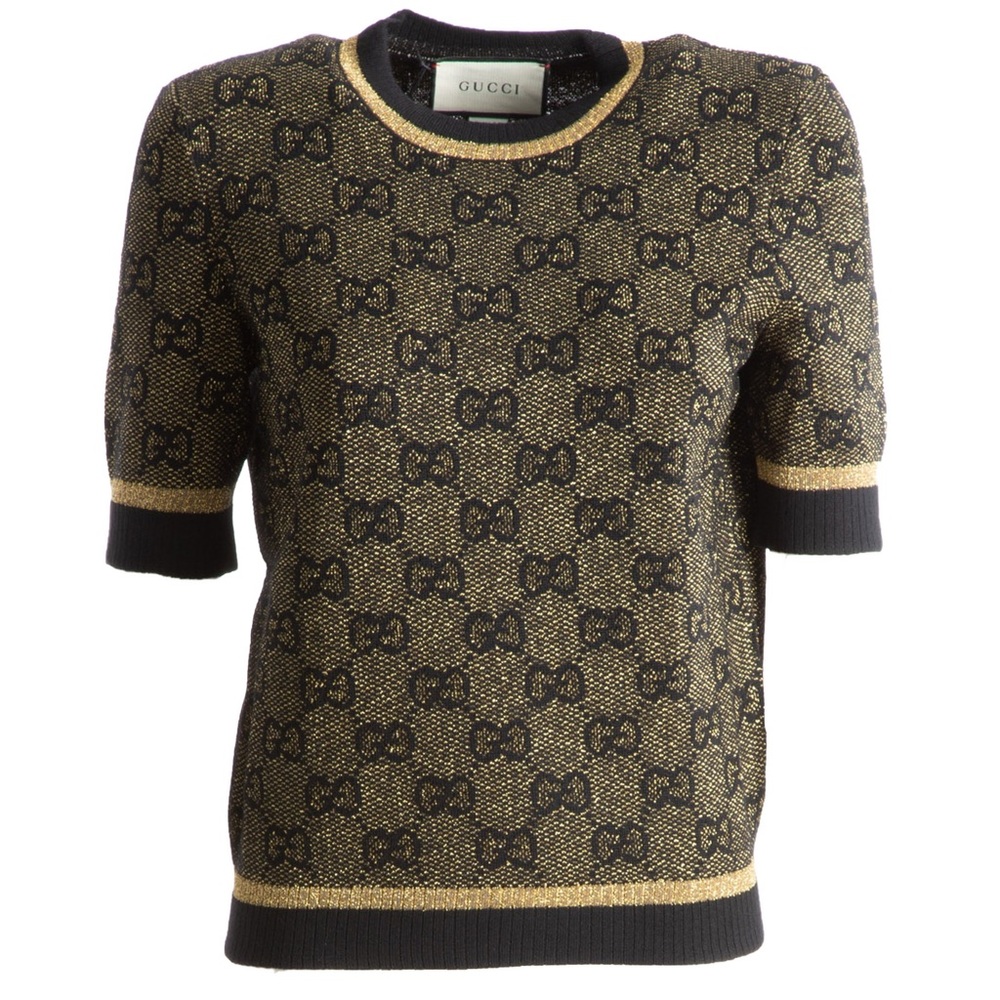 Gucci GG Jacquard and Gold Lamé SS Sweater